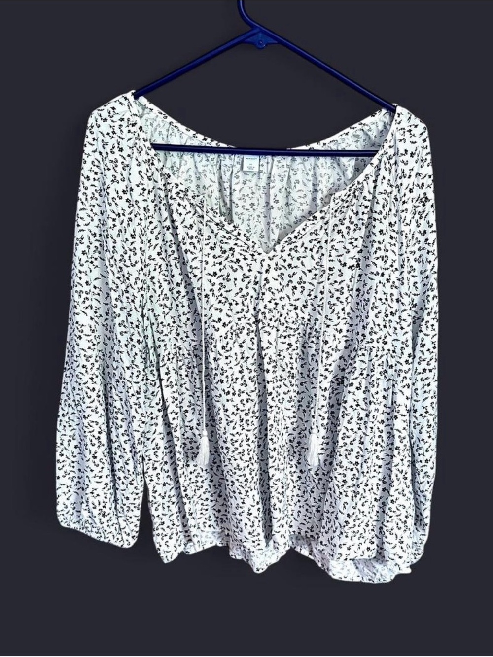 Old Navy White Floral Peasant Blouse with Black Print